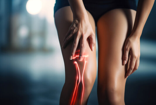 Knee pain in an athlete. Abstract visualization of joint problems caused by excessive sports activities. Background