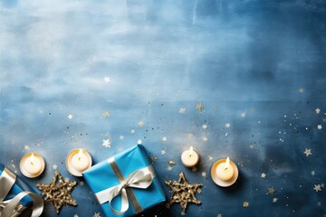 Beautiful gold and blue Chanukah gifts on light blue wooden background with stars and candles. Jewish holiday Hanukkah concept. Flat lay, top view with copy space