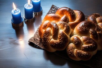 Homemade challah braided bread for Sabbath holiday on dark wooden background with candles. Jalá - vegetarian and Jewish traditional food. Sabbath kiddush ceremony composition with copy space - obrazy, fototapety, plakaty