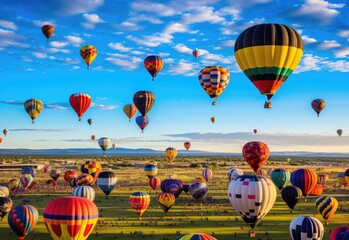 Hot air balloon festival on bright blue sky background