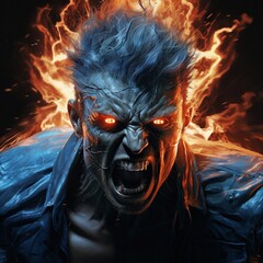 A mysterious epic character enveloped in blue flames. Action scene from a superhero movie