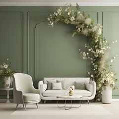 living room interior mock up, modern furniture and decorative green arch with trendy dried flowers, white sofa and armchair