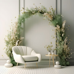 interior design living room interior mock up, modern furniture and decorative green arch with trendy dried flowers, white sofa and armchair, 3d render