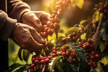 Farmer picking coffee beans on the coffee tree. Worker is gathering coffee beans on plantation in bushy wood. Robusta and arabica coffee berries. Harvest concept - obrazy, fototapety, plakaty