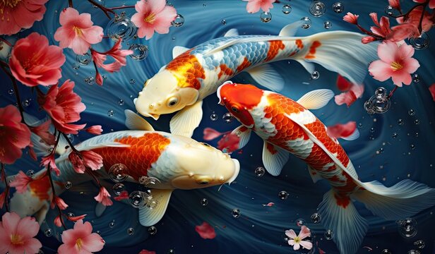 Koi fishes swimming in a koi fish pond created with AI