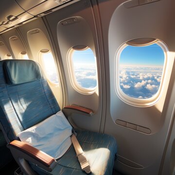 Commercial airplane flight transport with passenger seat interior with empty seat object, cloudy sky view from inside window. Image of generative Ai
