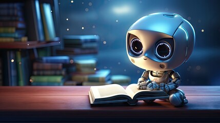 Futuristic robot reading a book created with AI - obrazy, fototapety, plakaty