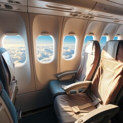 Commercial airplane flight transport with passenger seat interior with empty seat object, cloudy sky view from inside window. Image of generative Ai
