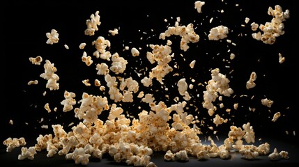 Freeze motion of flying golden caramel popcorn on black background Levitating food - obrazy, fototapety, plakaty