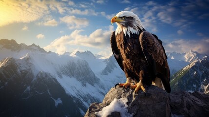 a beautiful north american bald eagle sitting high on a mountain rock apex peak. breathtaking scenic landscape view on mountains nature. desktop wallpaper background. 16:9, 4k. Generative AI - obrazy, fototapety, plakaty