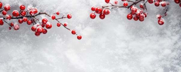 Red berries of mountain ash covered with frost and snow on white background. Hawthorn berries. Nature Christmas backdrop with copy space