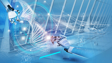 Robot hands study 3d human DNA helix for artificial intelligence and science field.