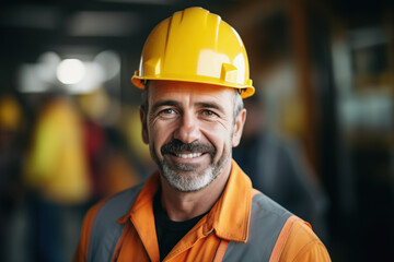 Middle aged male builder worker in hard hat, man at construction site