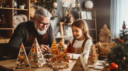 grandparent and grandchild making DIY christmas decorations - obrazy, fototapety, plakaty