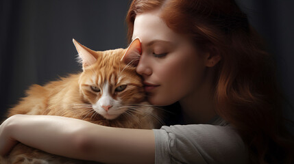 Tender Moment Captured  Woman's Hand Lovingly Strokes Ginger Cat, Isolated on White Background
