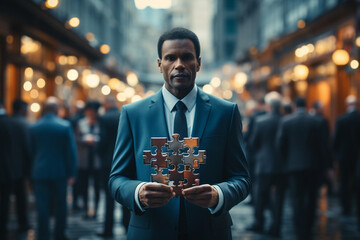 Businessman hands connecting couple puzzle piece, Man holding jigsaw with building and city background. Business solutions, target, success, goals and strategy concept.  - obrazy, fototapety, plakaty