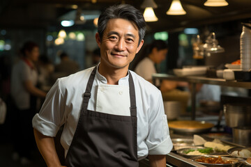 Happy Chef asian man of a Big Restaurant  in a Modern Kitchen.  - obrazy, fototapety, plakaty
