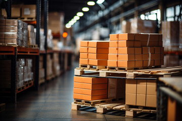 Obraz premium Retail warehouse full of shelves with goods in cartons, with pallets and forklifts. Logistics and transportation blurred background. Product distribution center. 