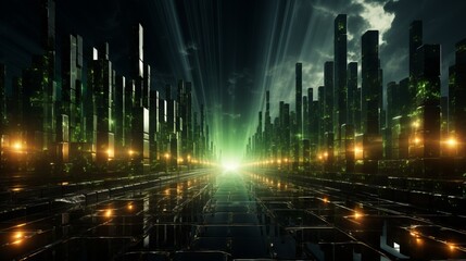 A futuristic high tech city with green lights. Generative AI. 