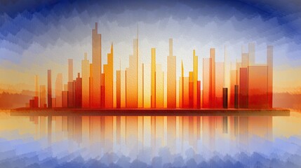 AI-generated illustration of a generic orange city skyline with a gradient blue-orange background. MidJourney.