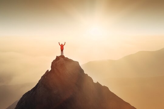 Silhouette of a man standing on top of a mountain. Goal achievement