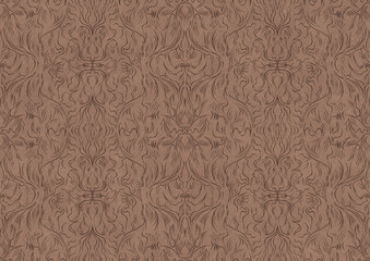 Hand-drawn unique abstract symmetrical seamless ornament. Brown on a light brown background. Paper texture. Digital artwork, A4. (pattern: p11-1b)