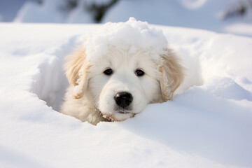 A white Golden Retriever puppy frolicking in the snow, covered in snow, peeking out from a hole in the snow, snowy landscape, cuteness, playfulness - obrazy, fototapety, plakaty