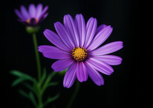 Close up of a purple daisy flower with a yellow center, full bloom, long, thin petals isolated on black background