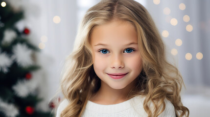 Obraz na płótnie Canvas Beautiful little girl portrait , on a Christmas background