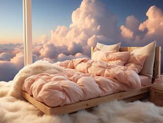 a fluffy bed on the clouds like in a dream can be use for illustration, presentation, wallpaper
