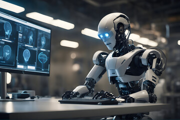 In a research laboratory, a robot created by artificial intelligence can perform research and analysis functions - obrazy, fototapety, plakaty