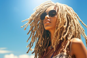 Portrait of a beautiful afro girl with blond dreadlocks outdoors on a sunny day