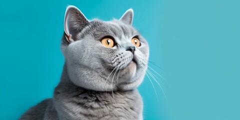 Portrait of a Silver British Shorthair Cat Isolated on Blue Background