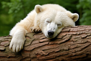 Polar bear sleeping on a brown tree trunk, resting on its front paws, white fur