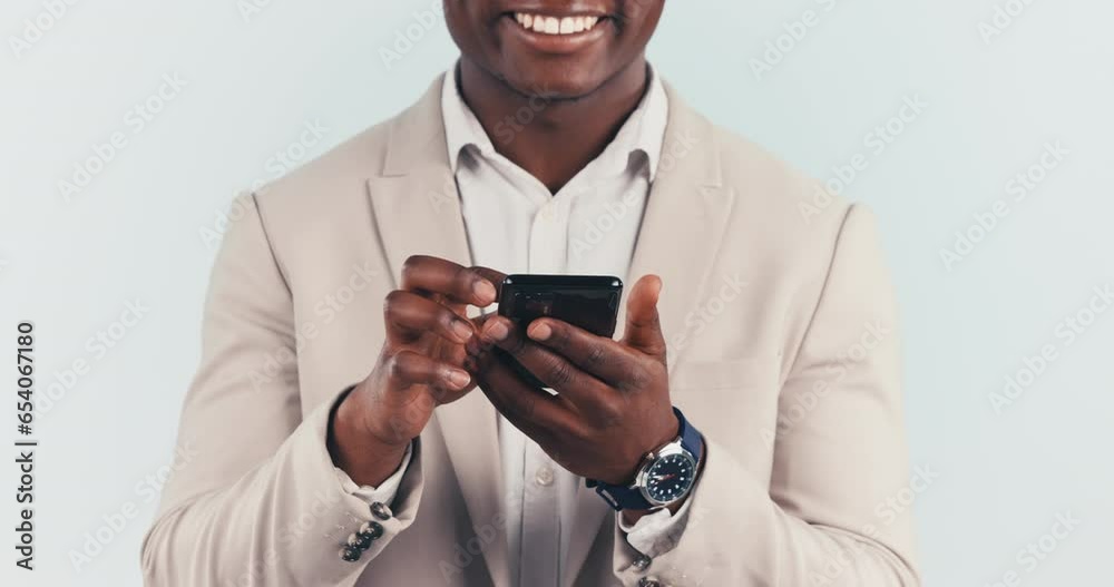 Poster hands, phone and business man typing on internet, social media and reading email notification. close