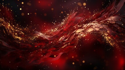 A background of red flowing shapes and gold sparkles. Generative AI. 