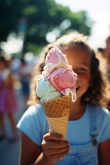 Photo of a joyful little girl holding up her huge colourful ice cream cone created with Generative AI technology - obrazy, fototapety, plakaty