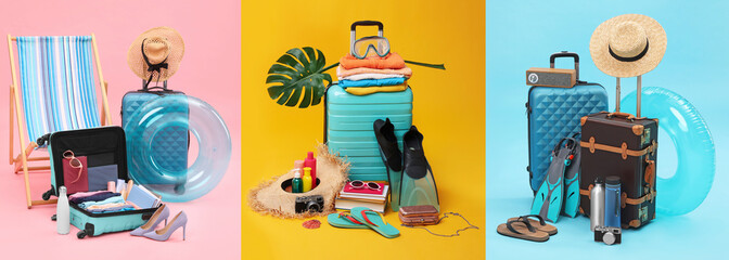 Set with suitcases and beach accessories on different color background