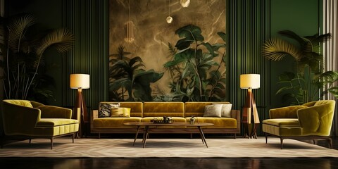 Luxurious and Minimalist Living Room Interior with Sofa and Other Furniture with Nature Concept...