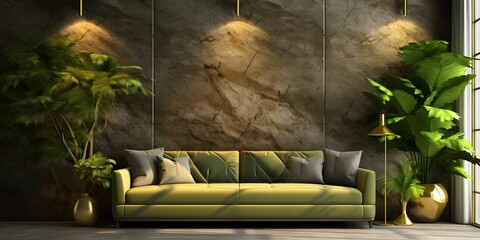 Luxurious and Minimalist Living Room Interior with Sofa and Other Furniture with Nature Concept...