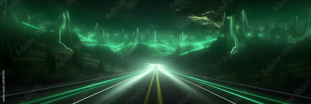 Wall mural Green Light Trails with Motion Effect. High Speed Light Effect. Long Exposure