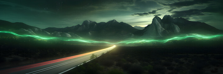 Green Light Trails with Motion Effect. High Speed Light Effect. Long Exposure