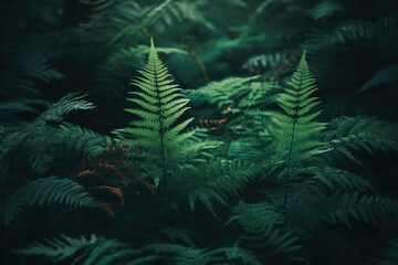 Fototapeta na wymiar A beautiful fern tree in the dark damp rainforest of New Zealand, or Norway, or Argentina — close up cinematic grainy photography style
