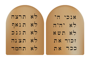 Stone tablets with the ten commandments of God in Hebrew. Vector illustration. EPS 10.