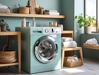 modern washing machine in tosca color theme in laundry room - obrazy, fototapety, plakaty