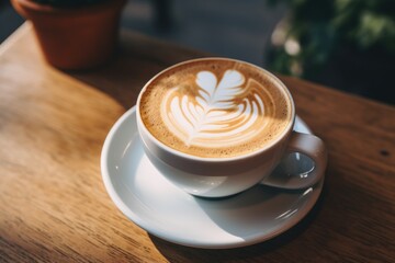 Close up of a freshly brewed latte in a coffee cup - obrazy, fototapety, plakaty