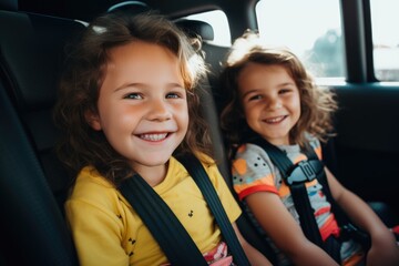 Two young sisters riding in the backseat of a car