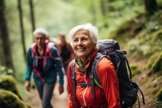 Diverse Group Of Senior Friends Hiking Together In A National Park