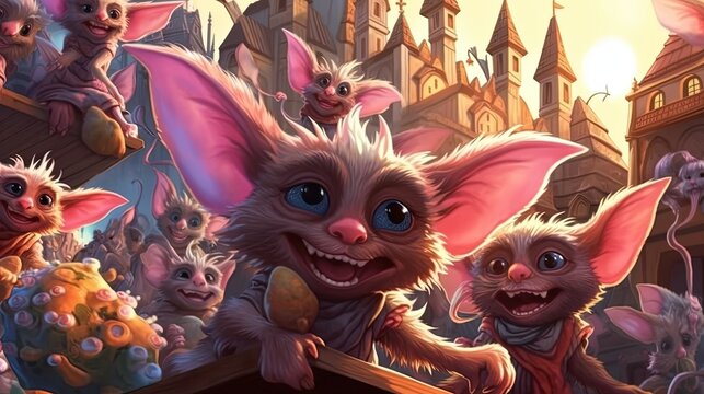 Playful little gremlins causing mayhem in a magical town. Fantasy concept , Illustration painting.