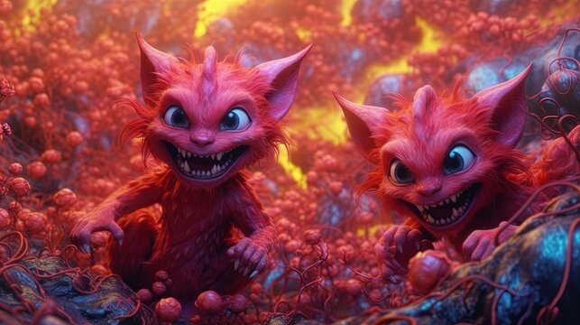 Playful little devils causing mischief in a magical world. Fantasy concept , Illustration painting.